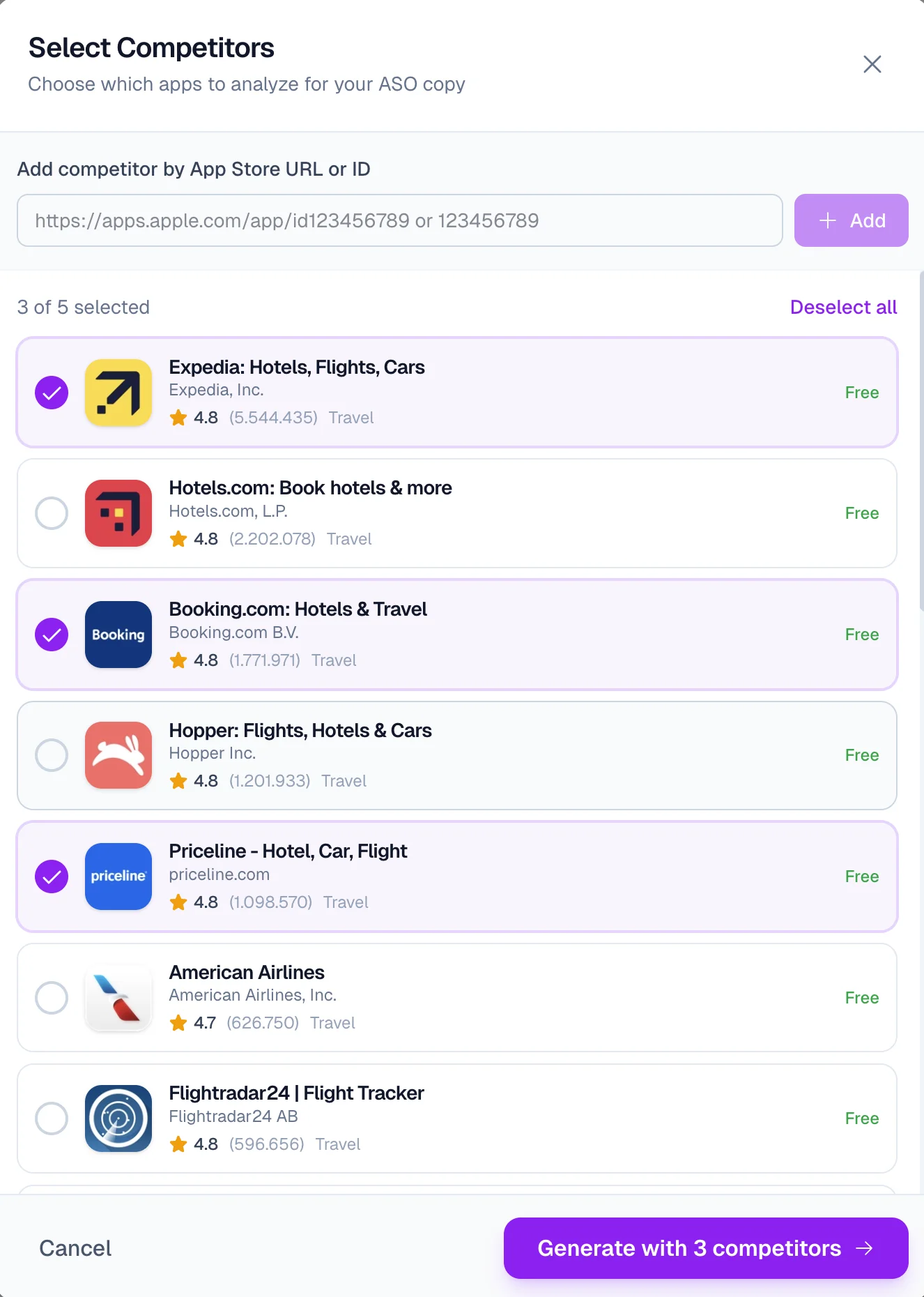 Competitor selection modal showing how to pick apps for ASO analysis