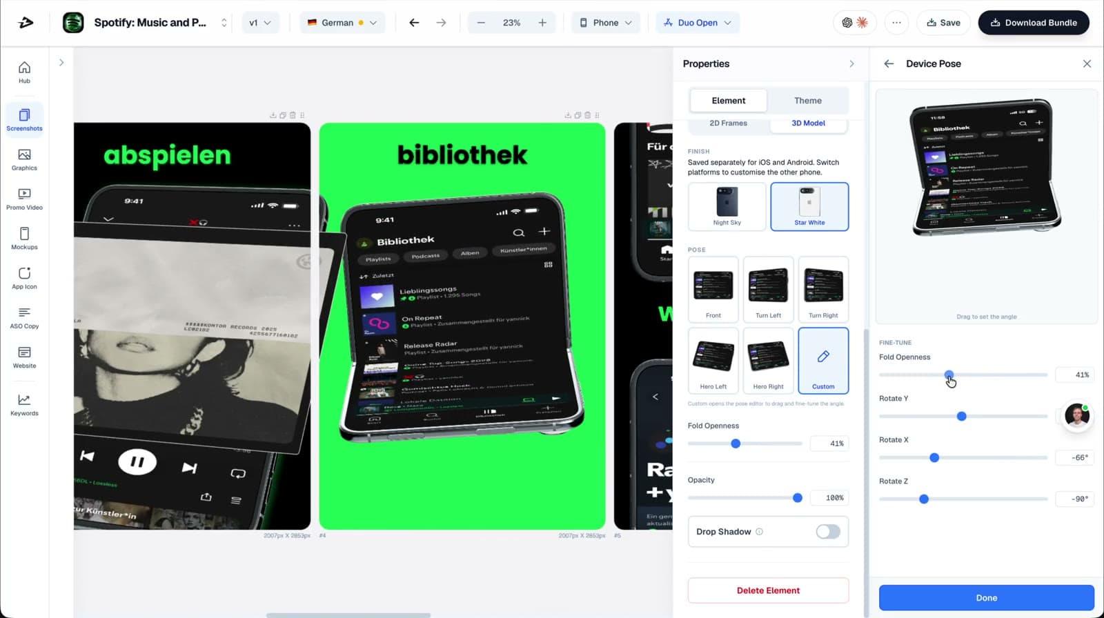 iPhone Duo device pose and fold controls in the screenshot editor